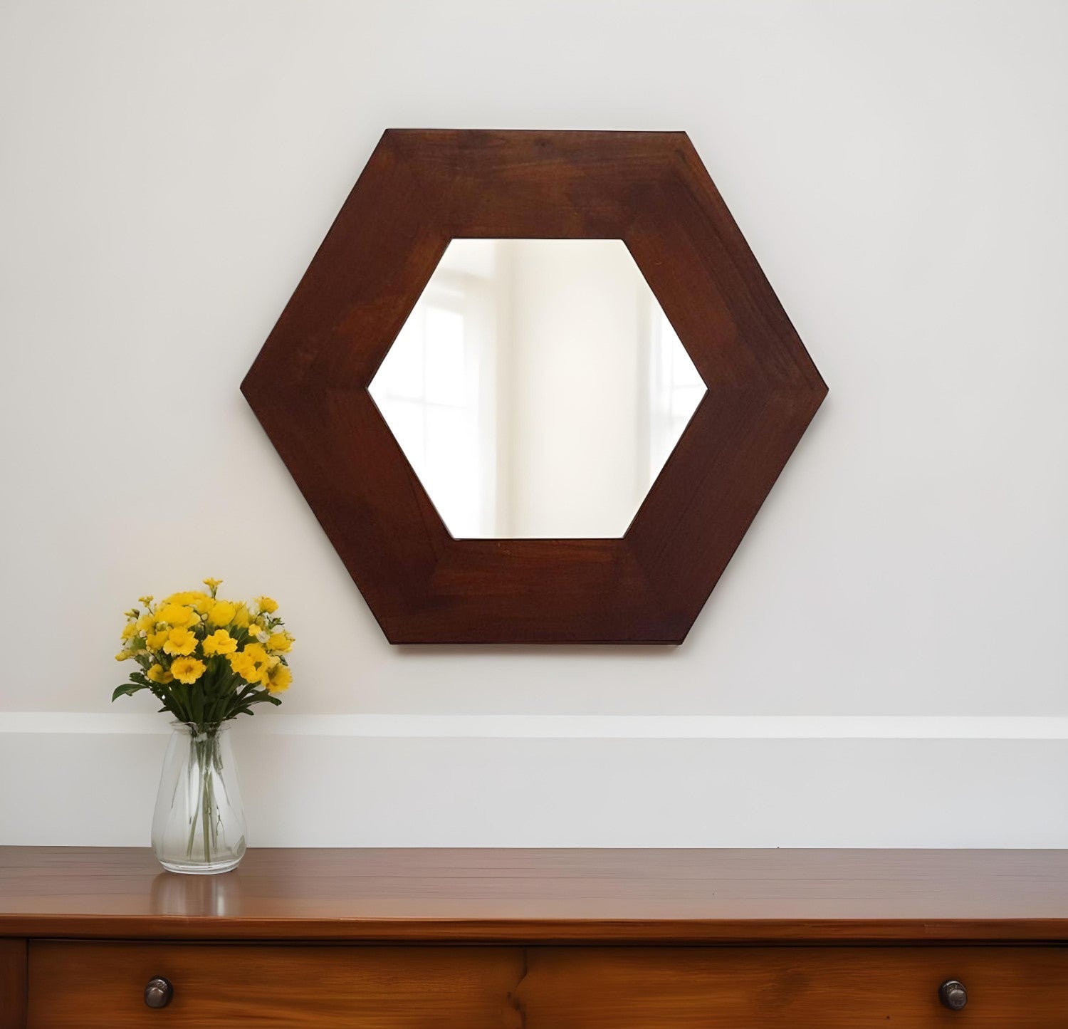 19" Dark Brown Hexagon Solid Wood Framed Accent Mirror-0