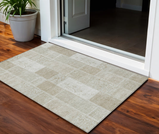 3' X 5' Taupe Beige And Tan Patchwork Washable Indoor Outdoor Area Rug-0