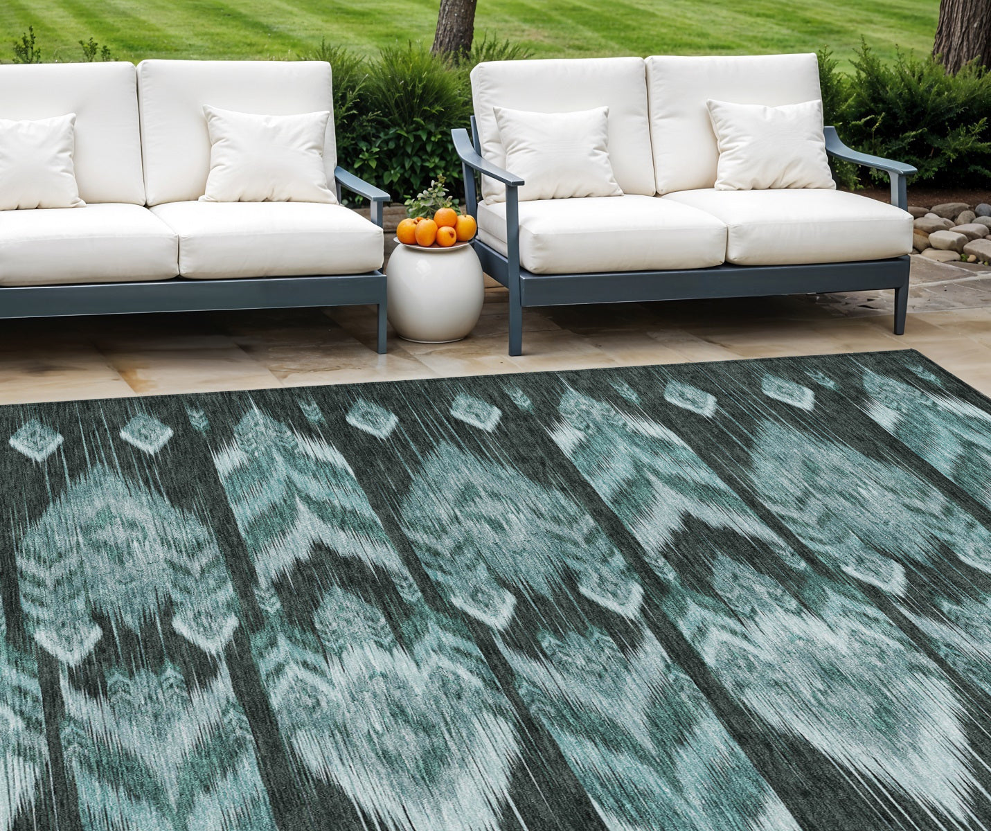 10' X 14' Teal Blue Aqua And Charcoal Southwestern Washable Indoor Outdoor Area Rug-0